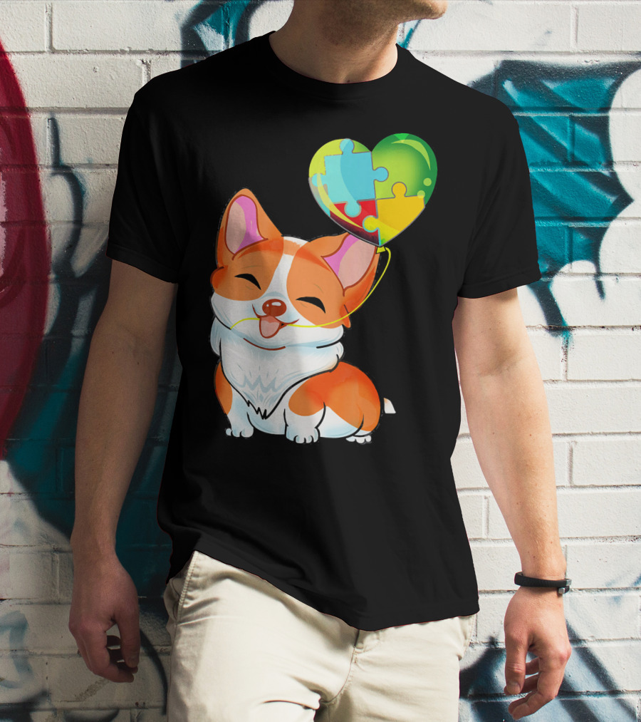Autism Awareness Corgi Puppy With Heart Balloon Puzzle T-Shirt