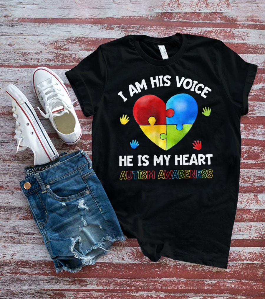 I Am His Voice He Is My Heart Autism Awareness Puzzle Heart And Colorful Handprints T-Shirt