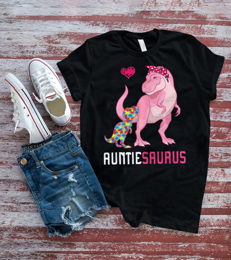 Auntiesaurus Dinosaur Puzzle Piece Heart Autism Awareness T-Shirt