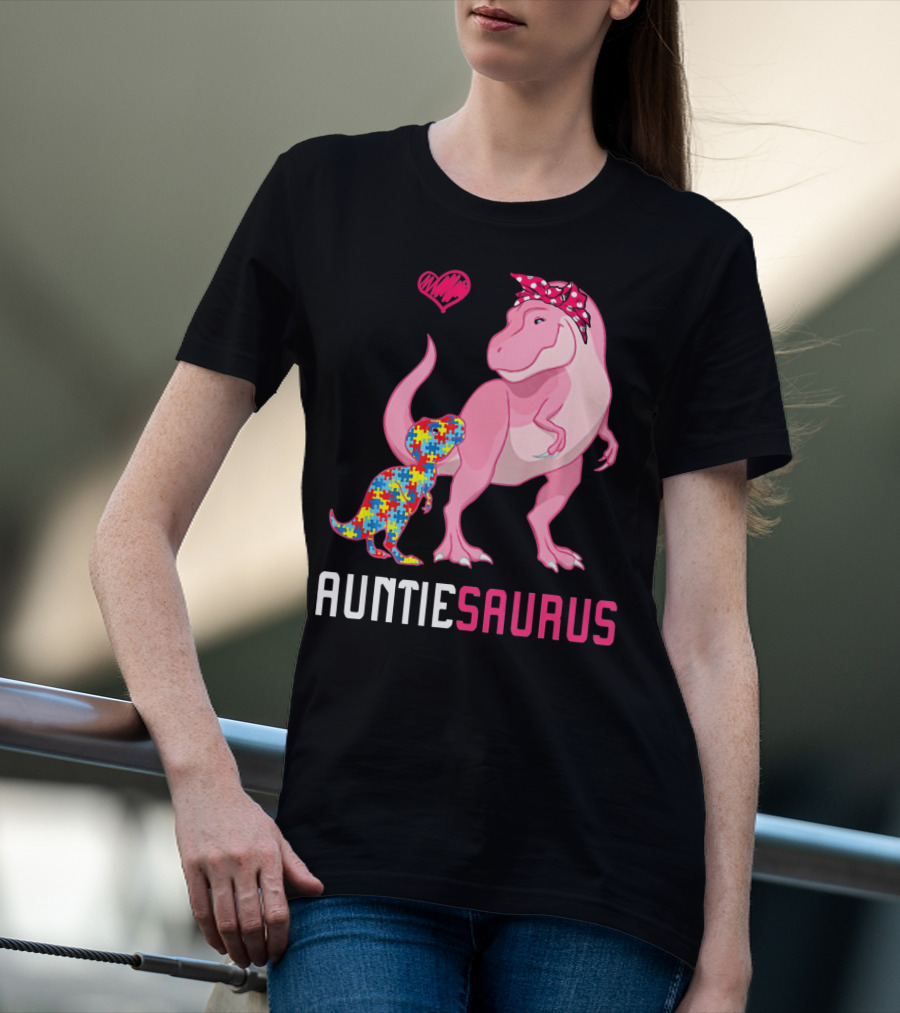 Auntiesaurus Dinosaur Puzzle Piece Heart Autism Awareness T-Shirt