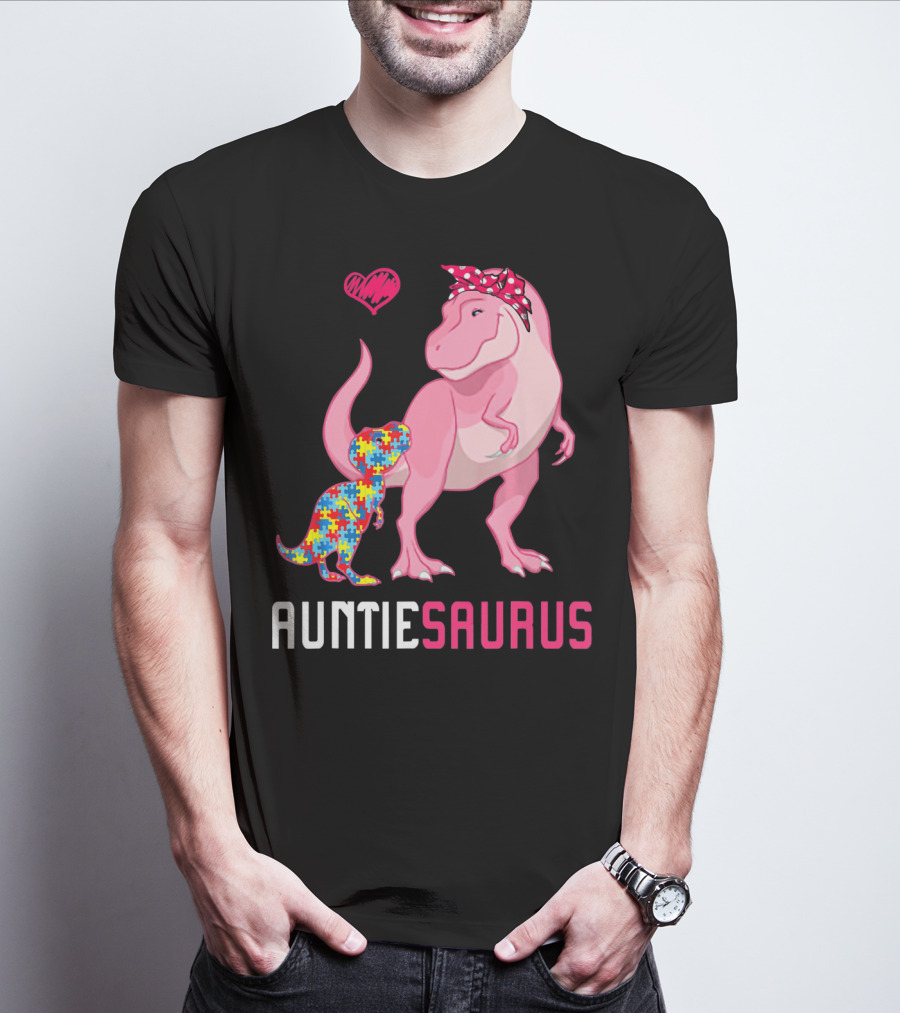 Auntiesaurus Dinosaur Puzzle Piece Heart Autism Awareness T-Shirt