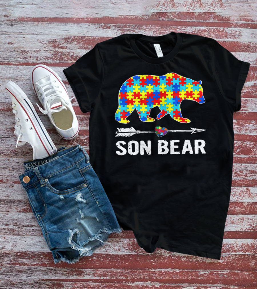 Son Bear Autism Awareness Puzzle Heart Arrow T-Shirt