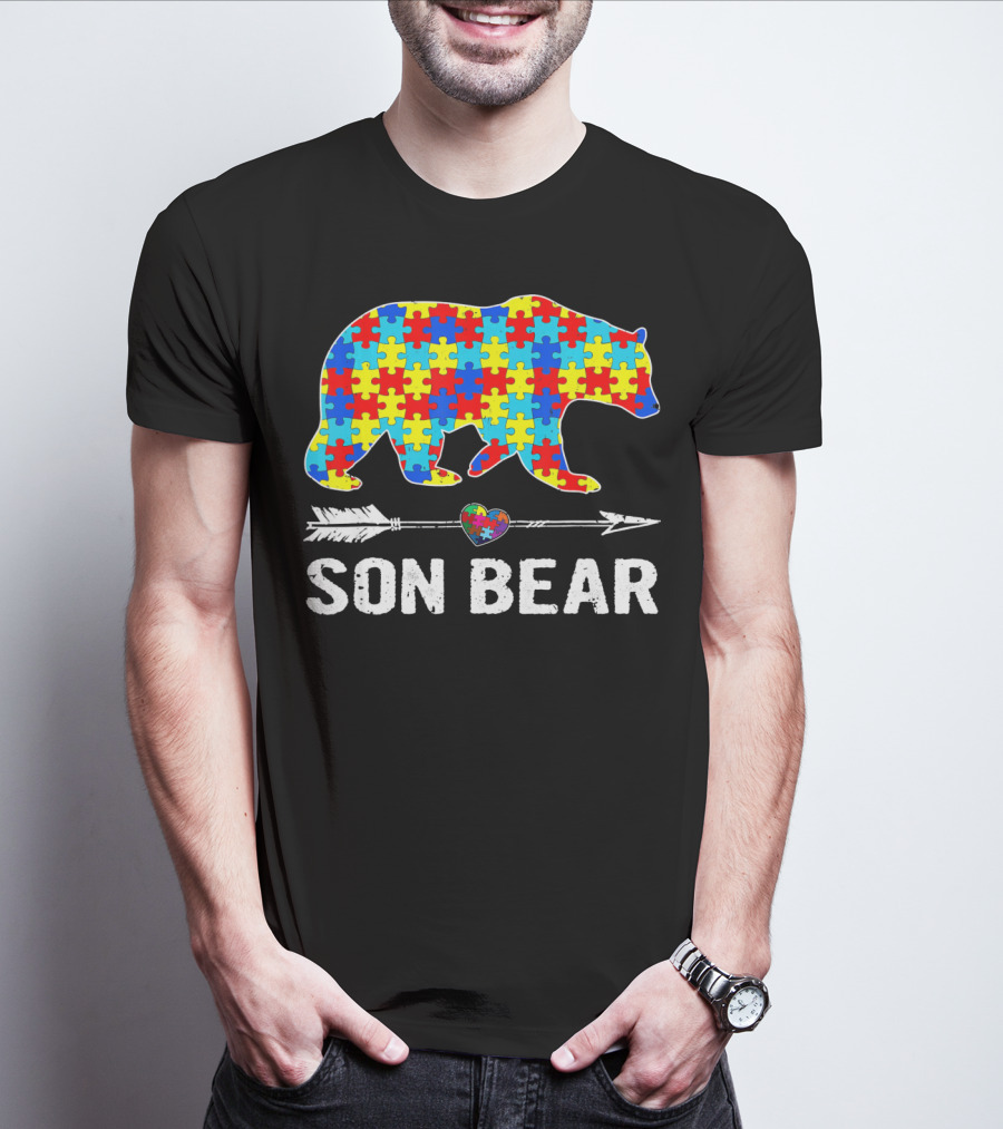 Son Bear Autism Awareness Puzzle Heart Arrow T-Shirt