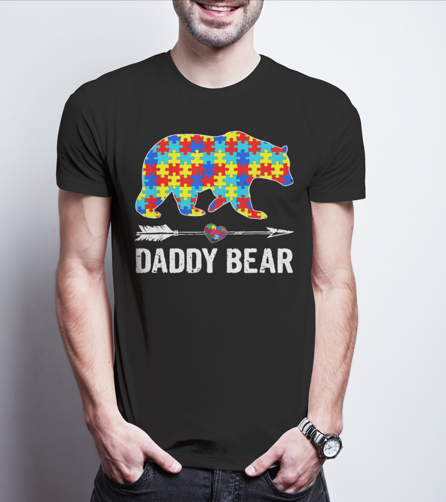 Daddy Bear Heart Arrow Puzzle Autism Awareness T-Shirt