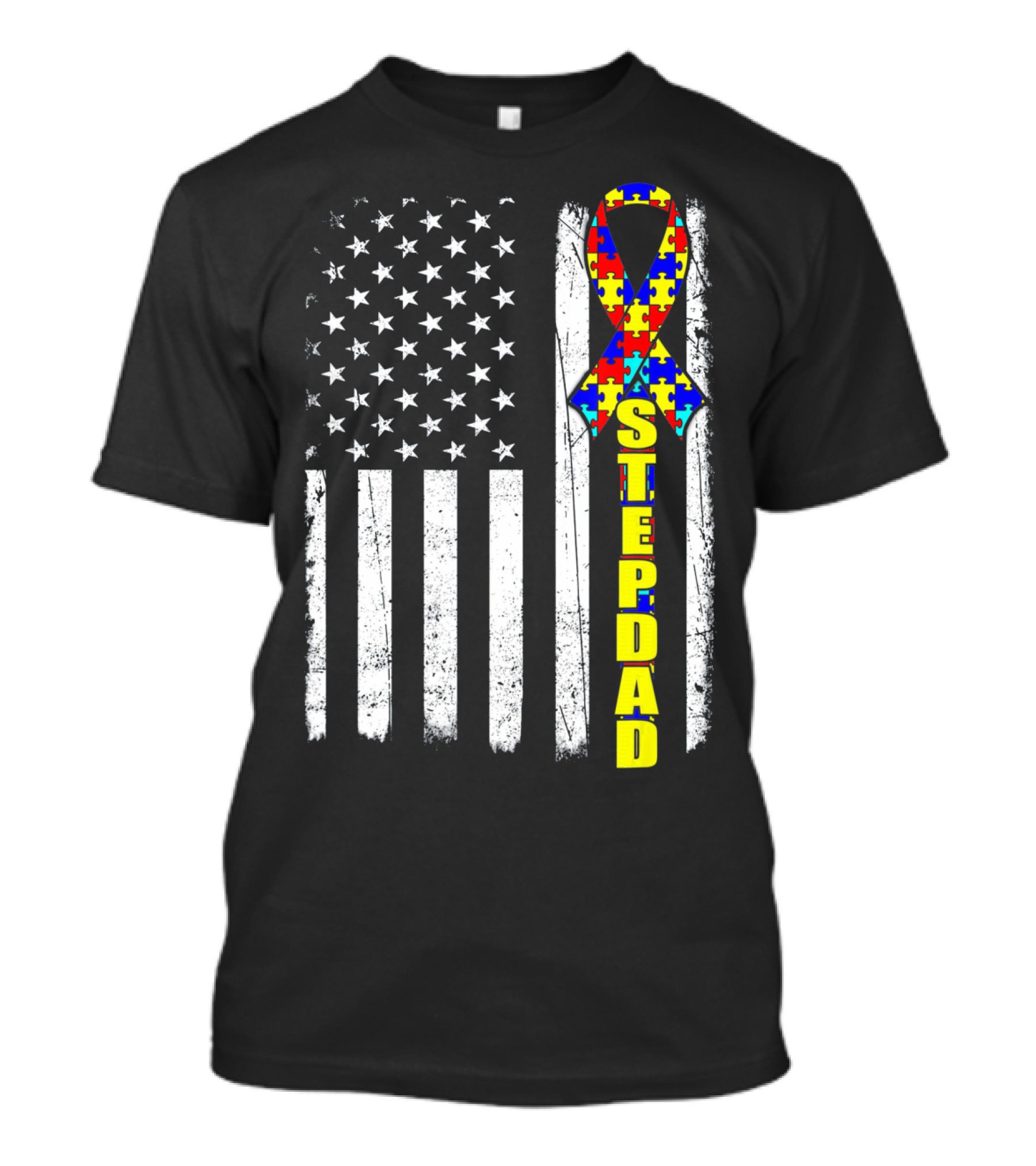 Stepdad Autism Awareness Puzzle Ribbon American Flag T-Shirt