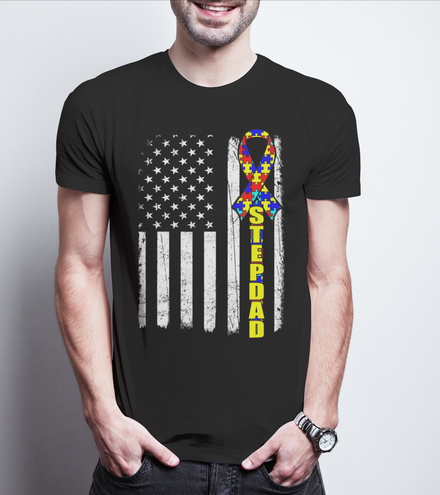 Stepdad Autism Awareness Puzzle Ribbon American Flag T-Shirt