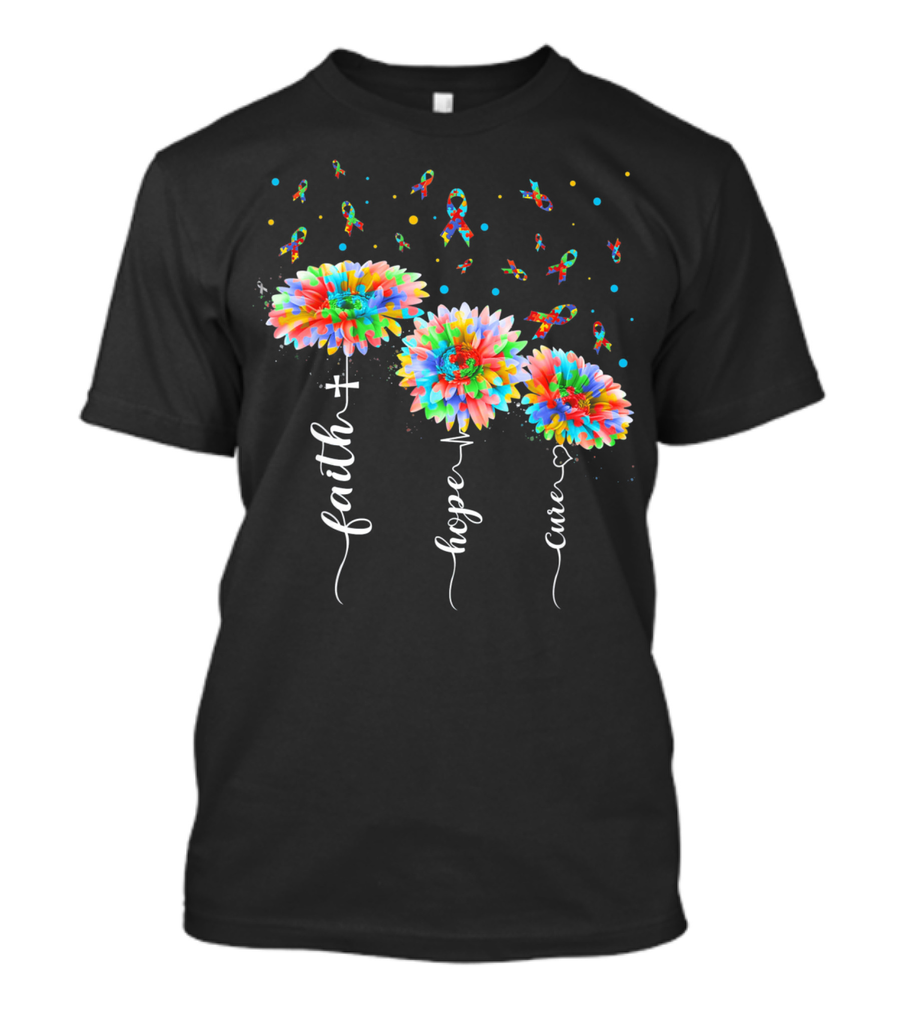 Faith Hope Cure Colorful Sunflowers Autism Awareness Puzzle Pieces T-Shirt
