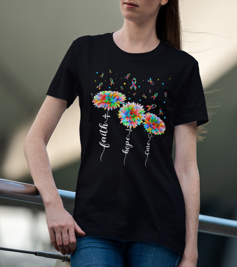 Faith Hope Cure Colorful Sunflowers Autism Awareness Puzzle Pieces T-Shirt