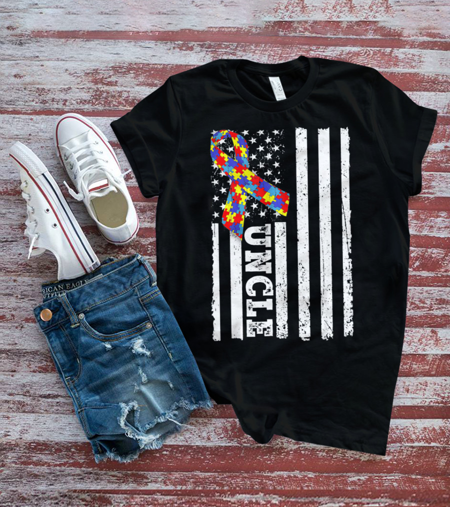 UNCLE Puzzle Ribbon American Flag Autism Awareness T-Shirt