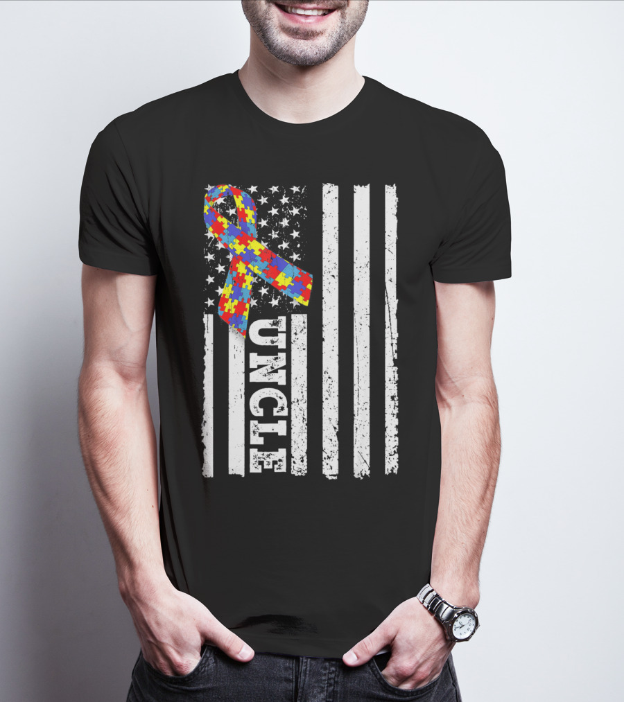 UNCLE Puzzle Ribbon American Flag Autism Awareness T-Shirt