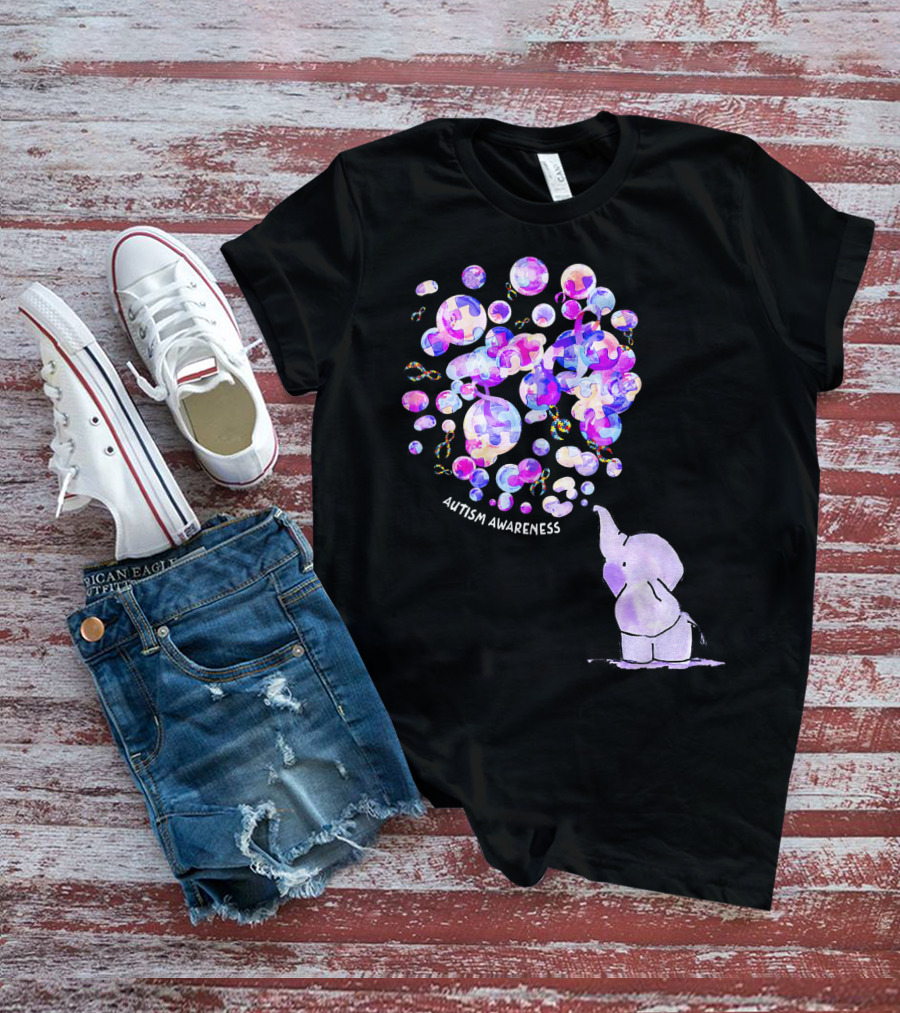 Elephant Blowing Puzzle Pieces Balloons Autism Awareness T-Shirt