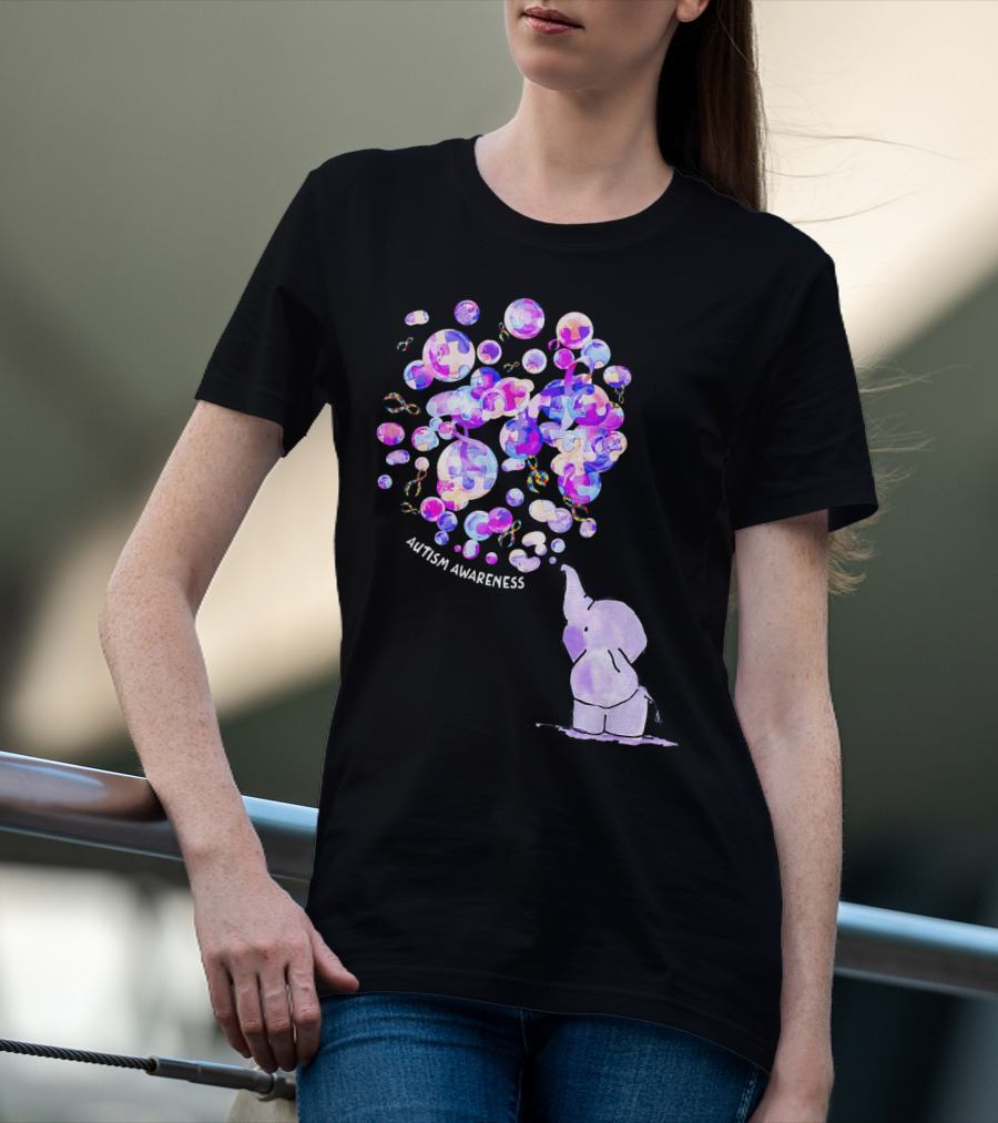 Elephant Blowing Puzzle Pieces Balloons Autism Awareness T-Shirt