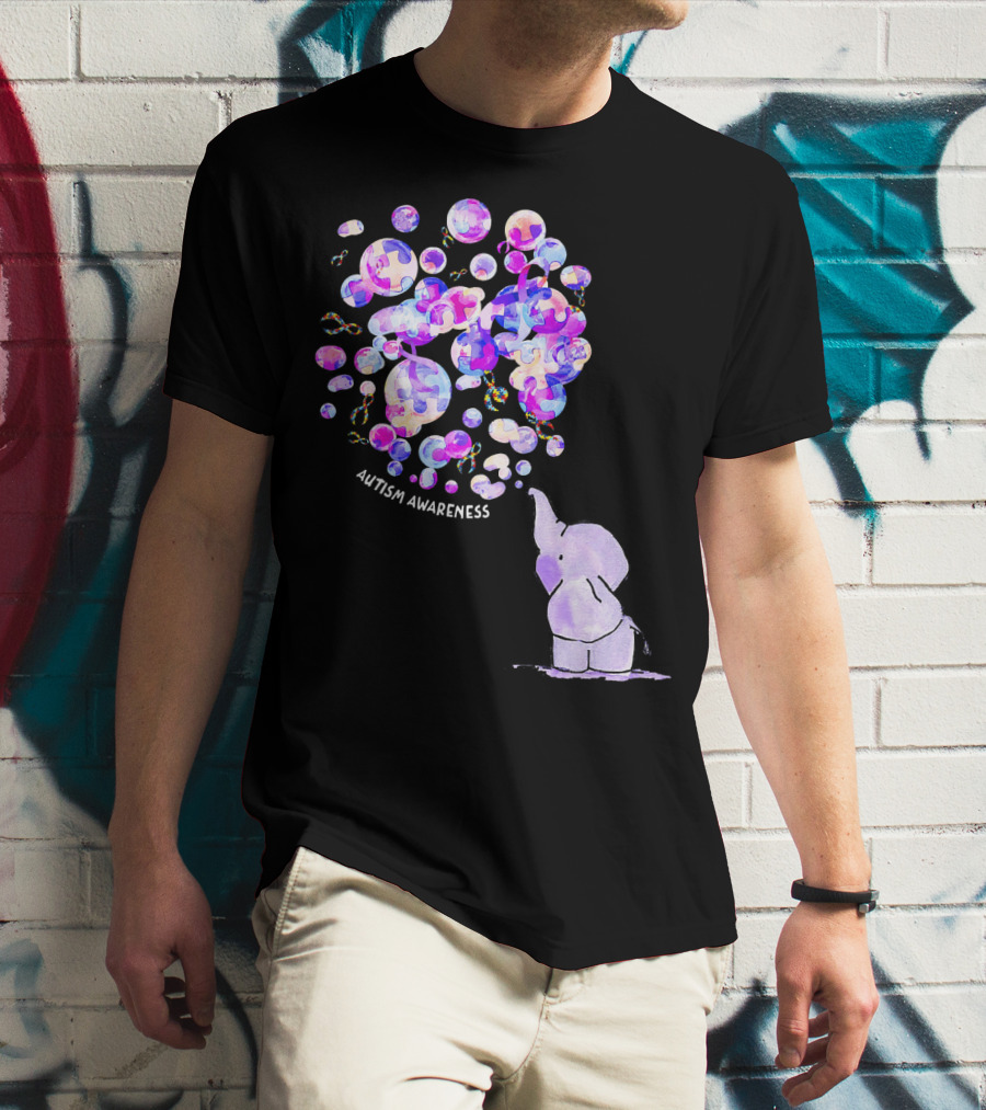 Elephant Blowing Puzzle Pieces Balloons Autism Awareness T-Shirt