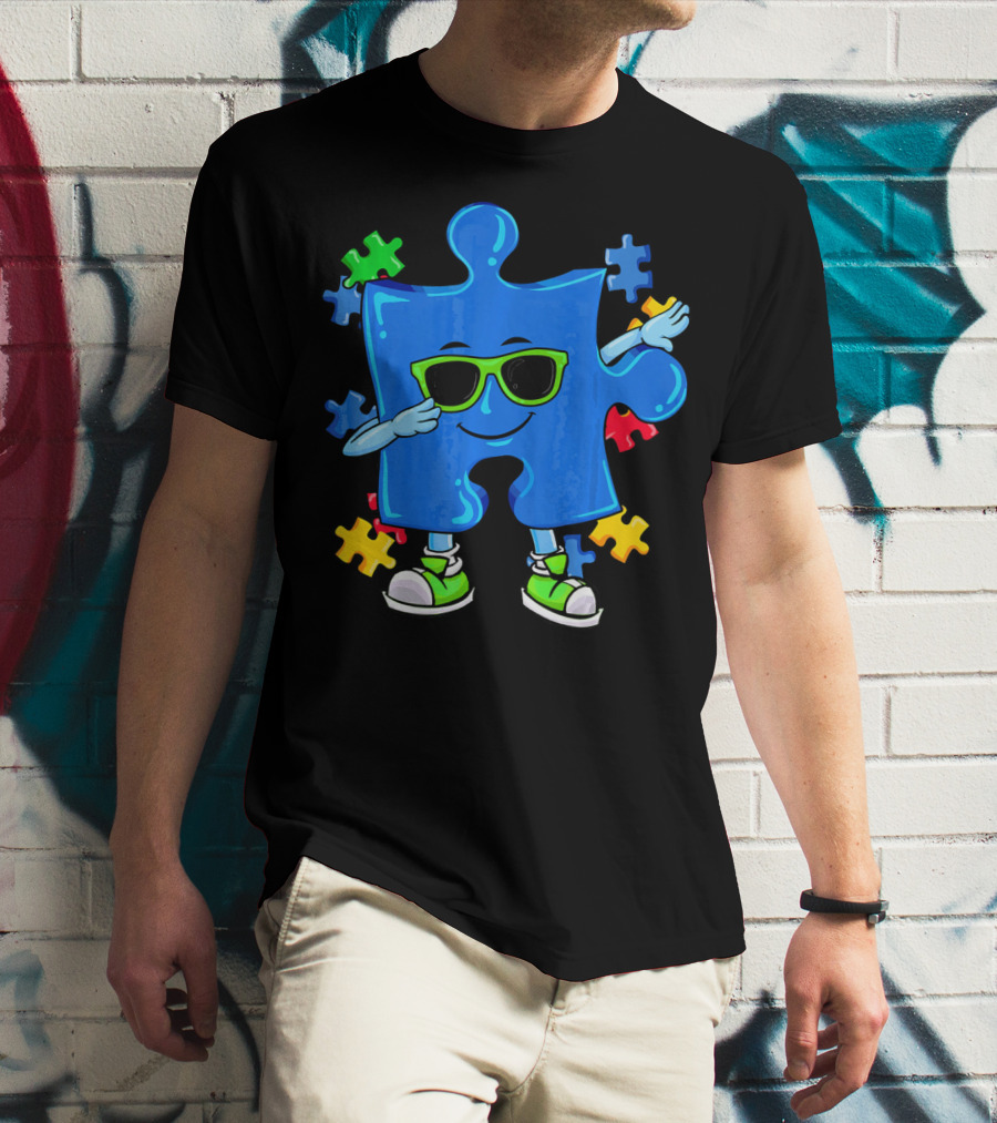 Dabbing Puzzle Piece Cool Sunglasses Autism Awareness T-Shirt