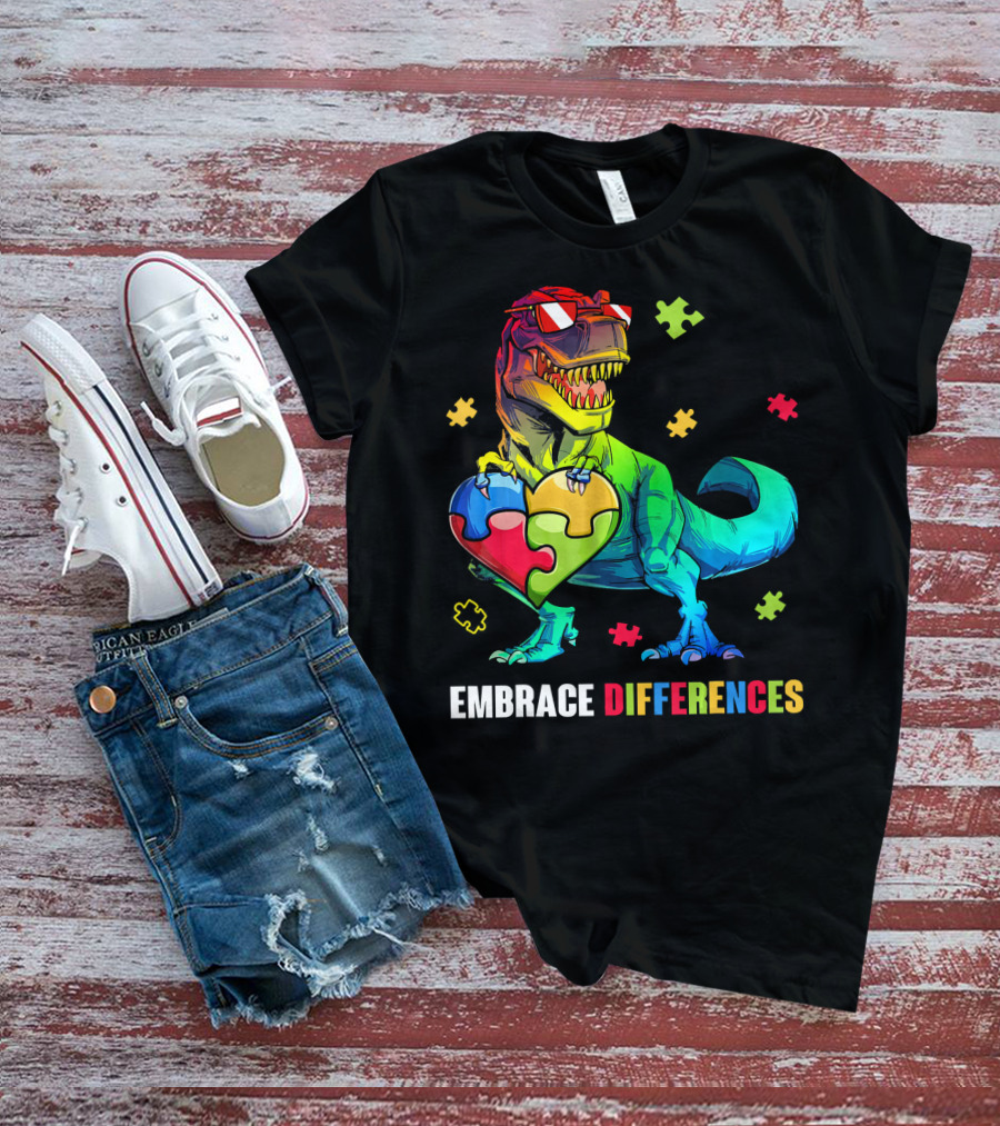 Embrace Differences Dinosaur Holding Heart Puzzle Pieces T-Shirt