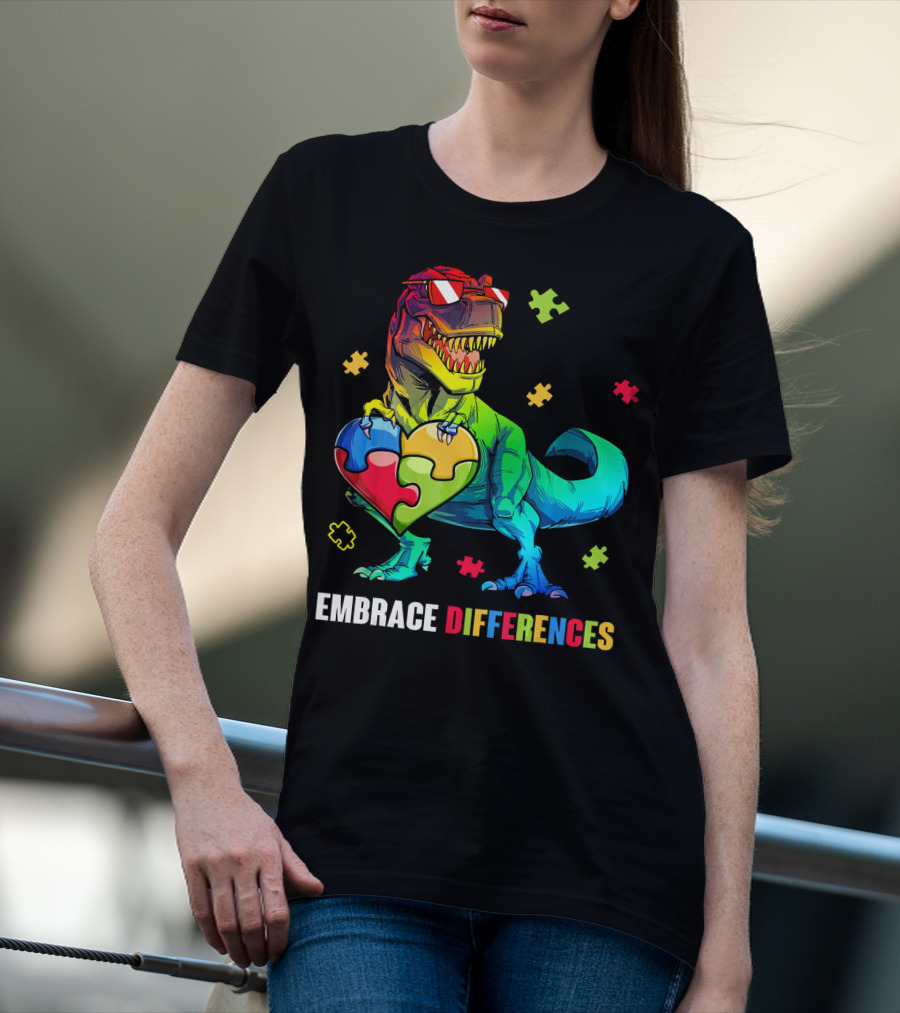 Embrace Differences Dinosaur Holding Heart Puzzle Pieces T-Shirt