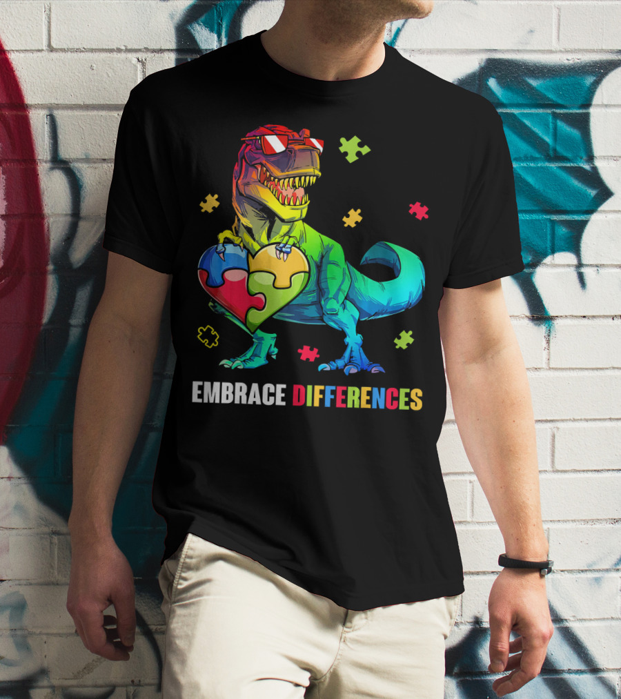Embrace Differences Dinosaur Holding Heart Puzzle Pieces T-Shirt
