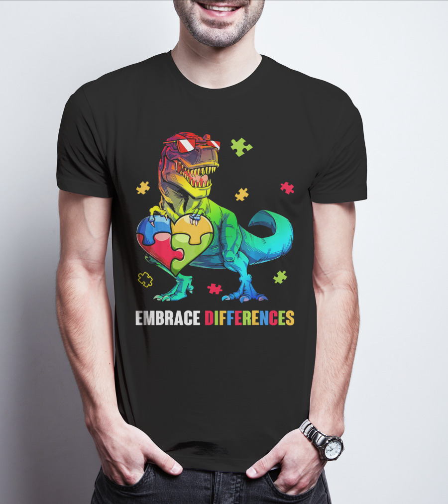 Embrace Differences Dinosaur Holding Heart Puzzle Pieces T-Shirt