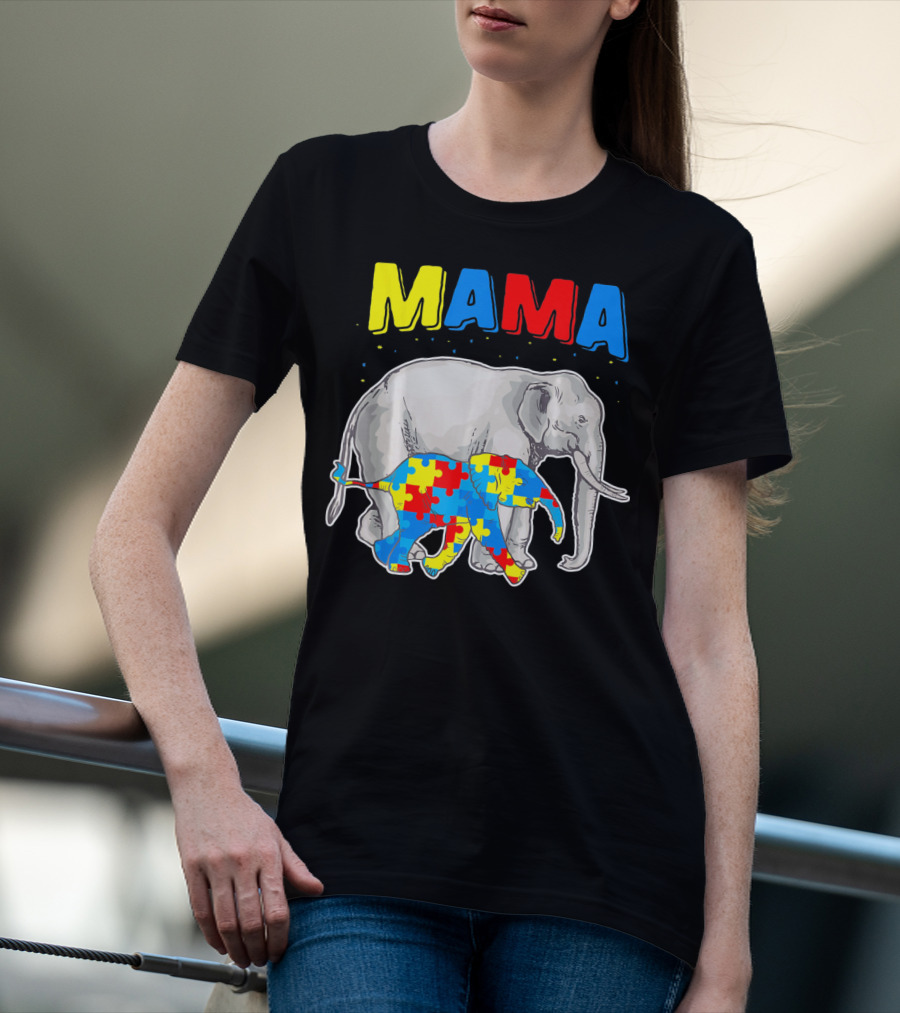 Mama Elephant Puzzle Piece Autism Awareness T-Shirt