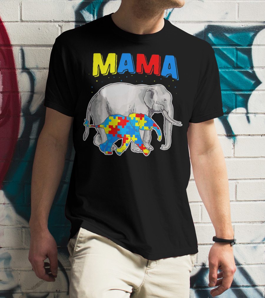 Mama Elephant Puzzle Piece Autism Awareness T-Shirt