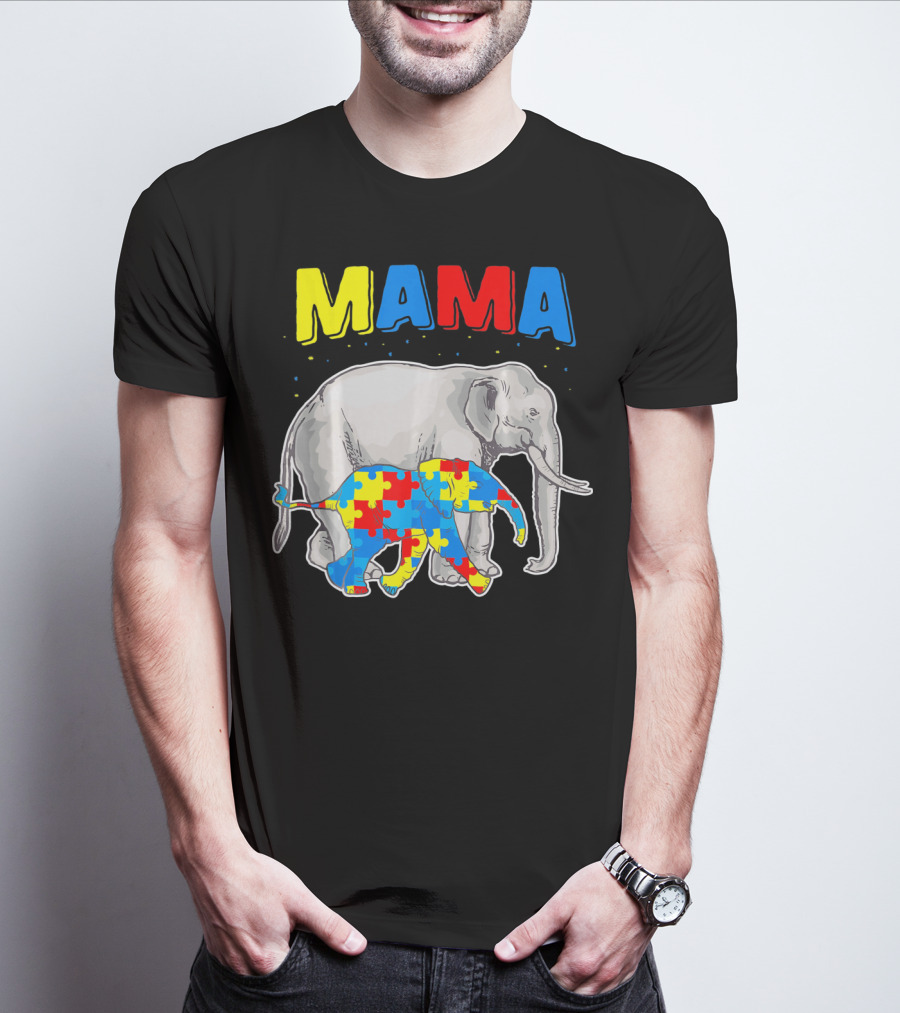 Mama Elephant Puzzle Piece Autism Awareness T-Shirt