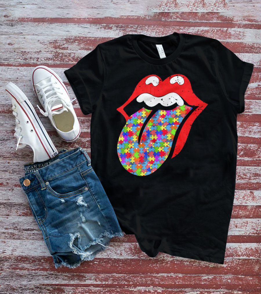 Red Lips Tongue Icon With Colorful Autism Awareness Puzzle Piece T-Shirt