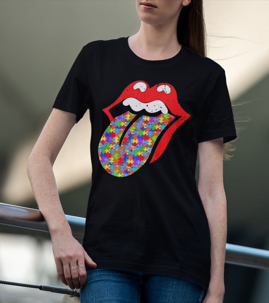 Red Lips Tongue Icon With Colorful Autism Awareness Puzzle Piece T-Shirt