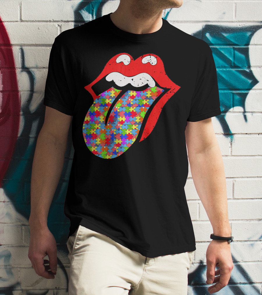 Red Lips Tongue Icon With Colorful Autism Awareness Puzzle Piece T-Shirt