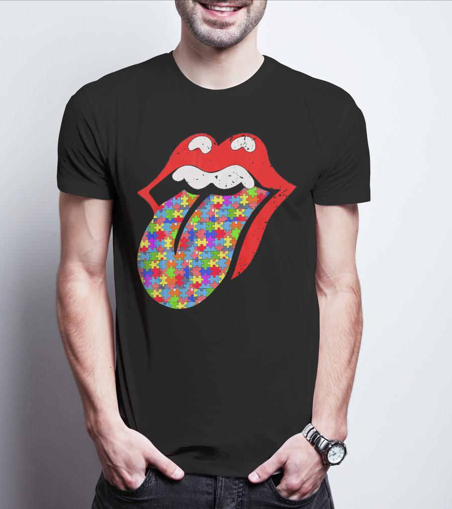 Red Lips Tongue Icon With Colorful Autism Awareness Puzzle Piece T-Shirt
