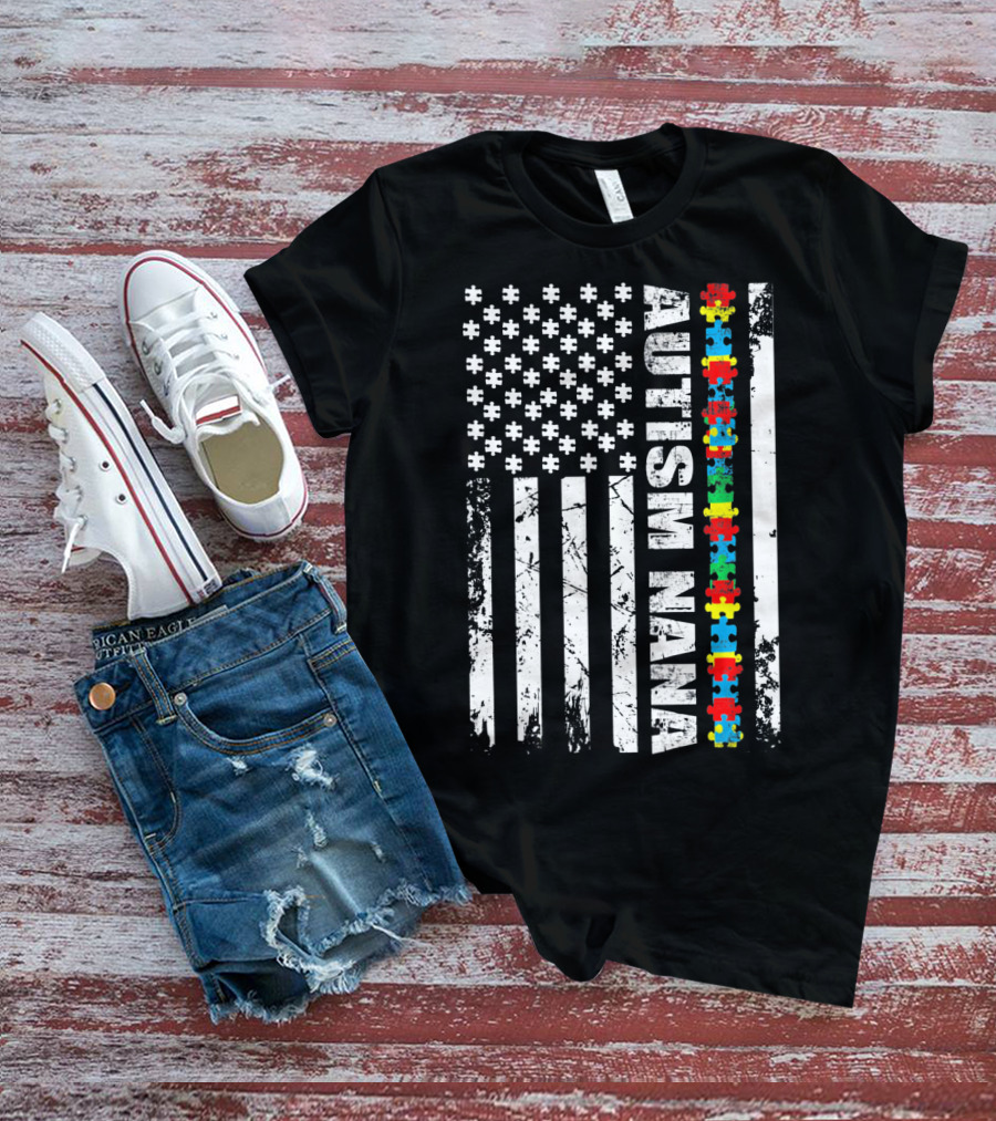 Autism Nana American Flag Puzzle Pieces Autism Awareness T-Shirt
