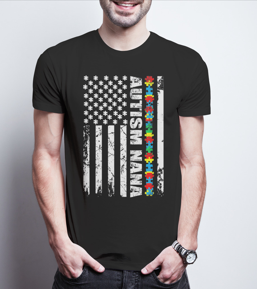 Autism Nana American Flag Puzzle Pieces Autism Awareness T-Shirt