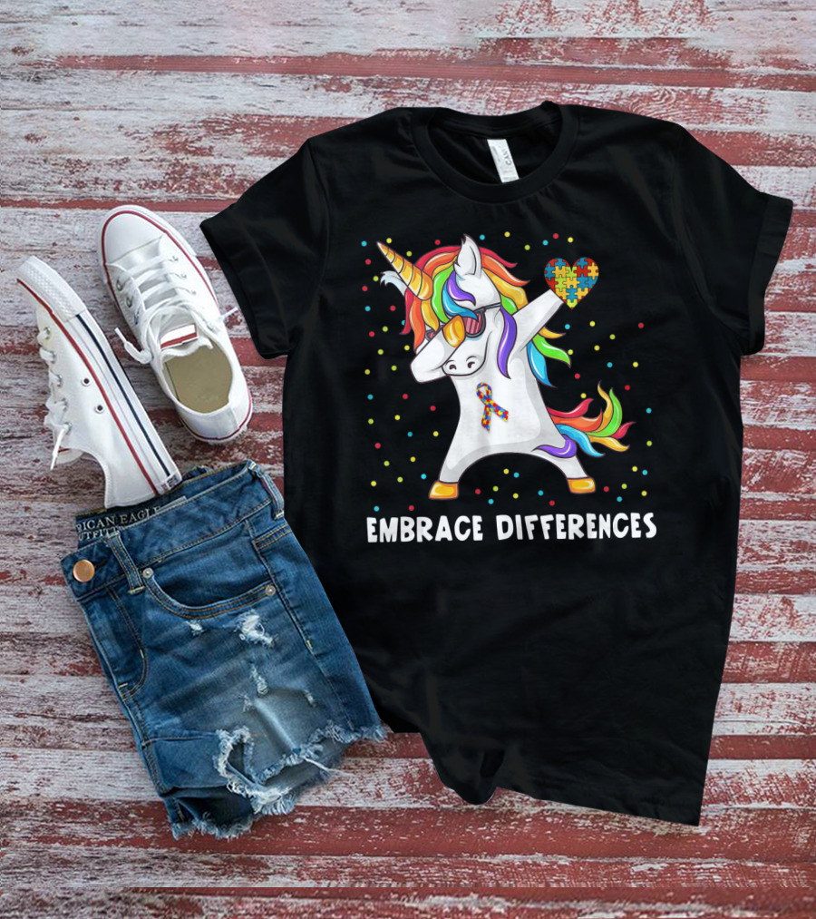 Embrace Differences Rainbow Dabbing Unicorn Puzzle Heart Autism Awareness T-Shirt