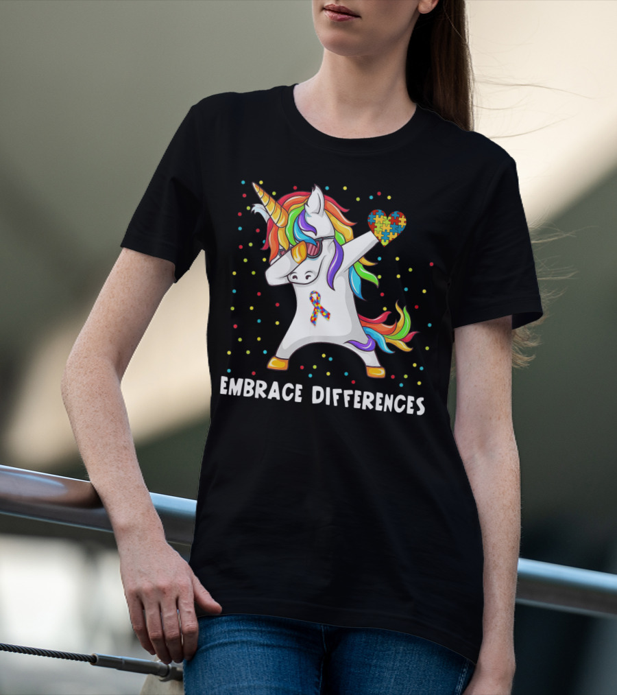 Embrace Differences Rainbow Dabbing Unicorn Puzzle Heart Autism Awareness T-Shirt