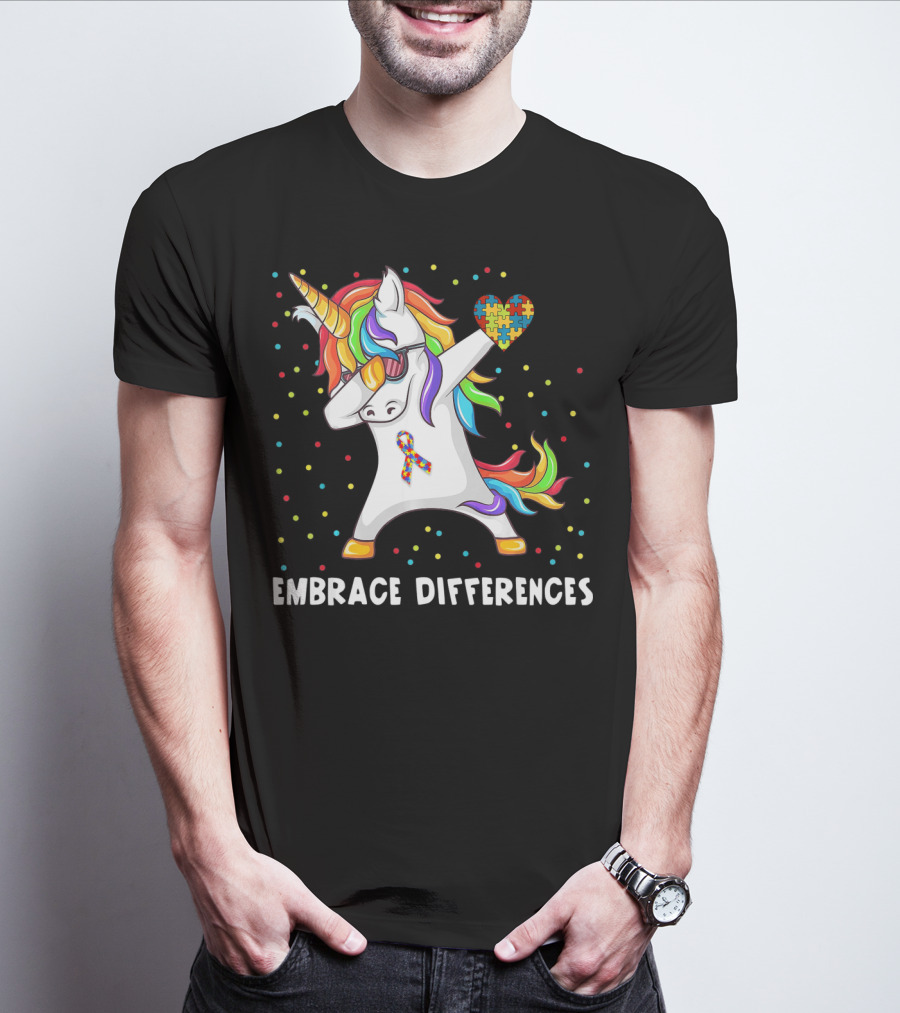 Embrace Differences Rainbow Dabbing Unicorn Puzzle Heart Autism Awareness T-Shirt