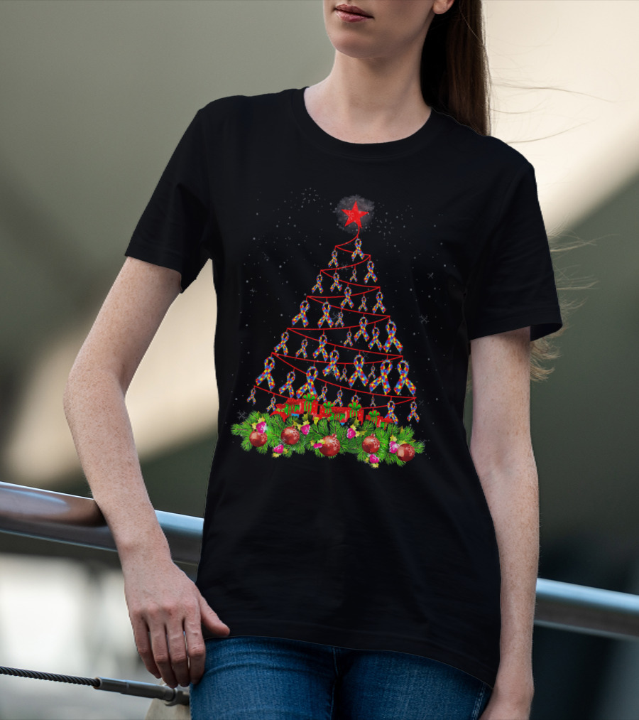 Autism Awareness Ribbon Christmas Tree With Red Star And Ornaments T-Shirt