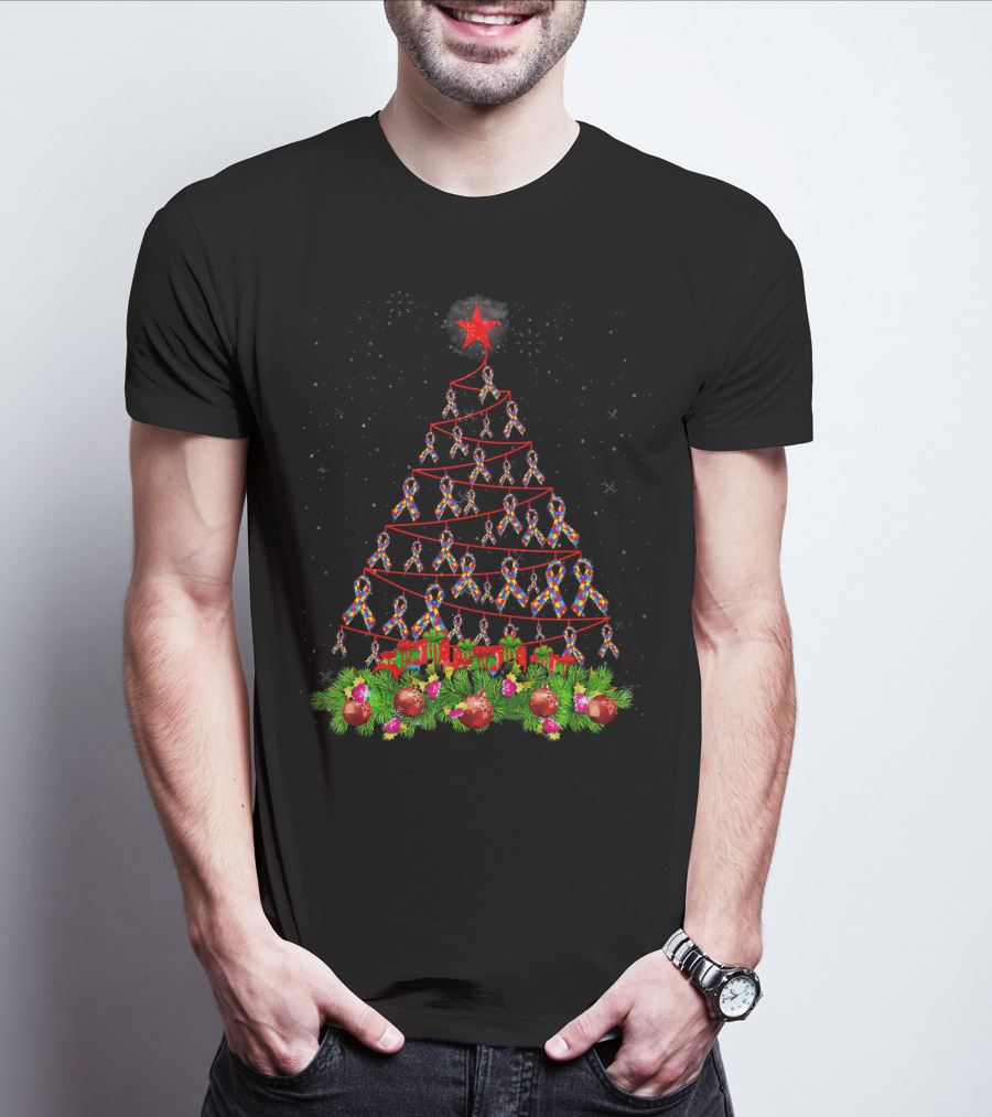 Autism Awareness Ribbon Christmas Tree With Red Star And Ornaments T-Shirt