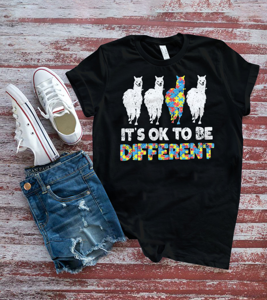 Autism Awareness Llama It's OK To Be Different Puzzle T-Shirt