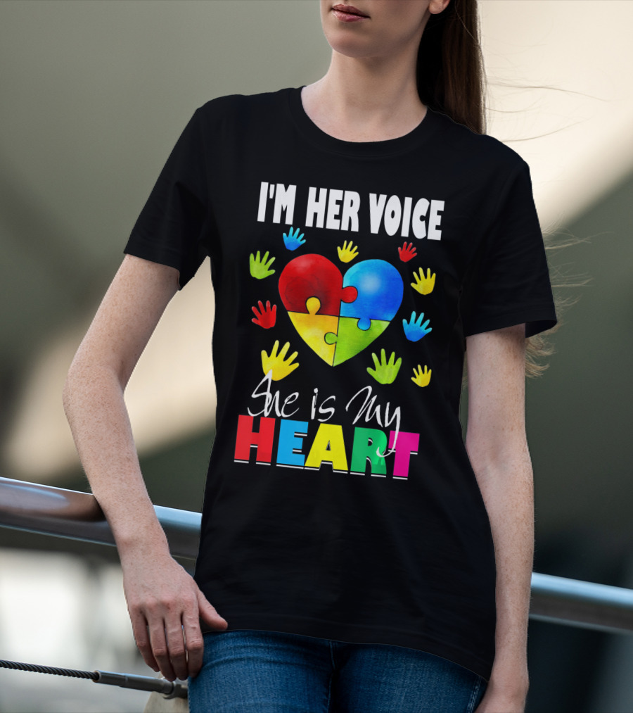 I'm Her Voice She Is My Heart Autism Awareness Puzzle Hands T-Shirt