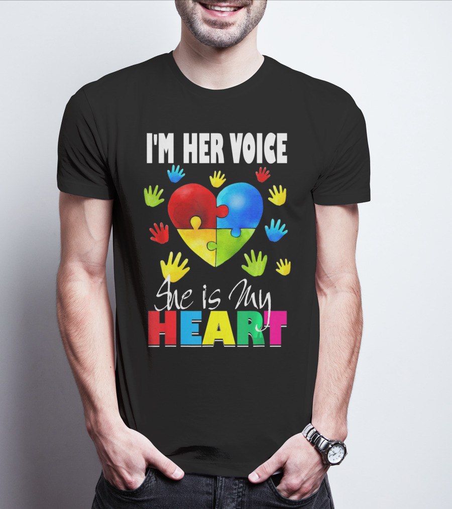 I'm Her Voice She Is My Heart Autism Awareness Puzzle Hands T-Shirt