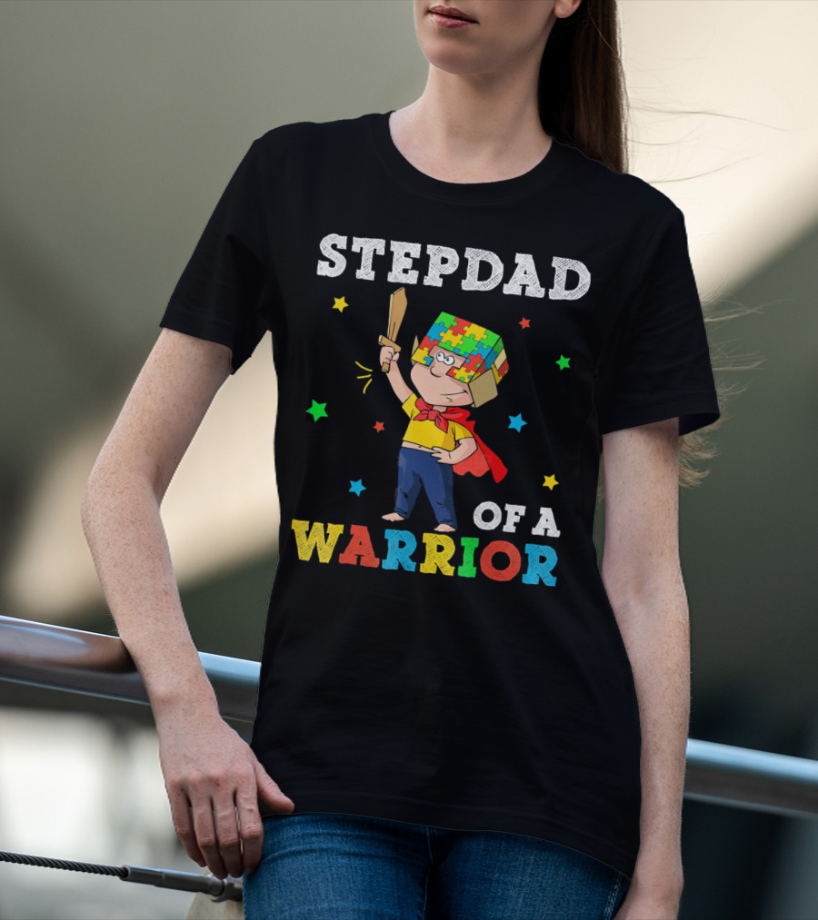 Stepdad Of A Warrior Autism Awareness Puzzle Hero T-Shirt