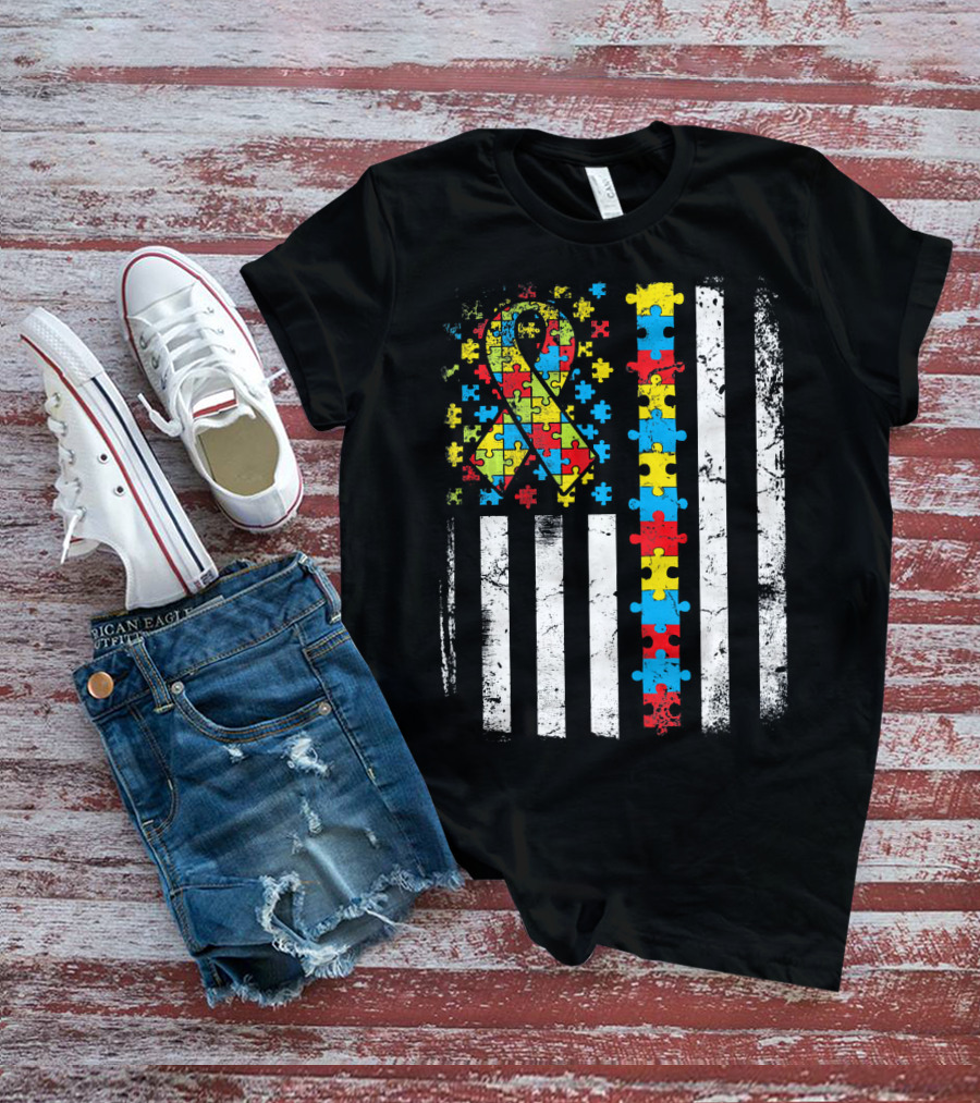 Autism Awareness American Flag Puzzle T-Shirt