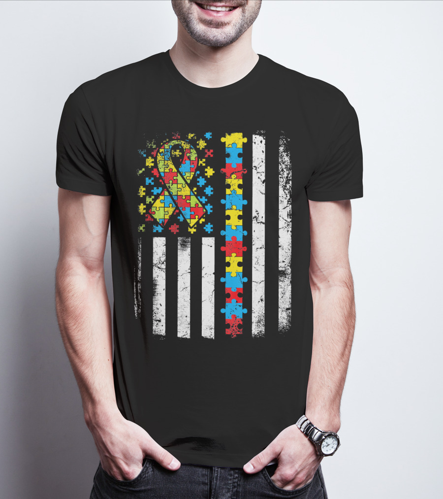 Autism Awareness American Flag Puzzle T-Shirt