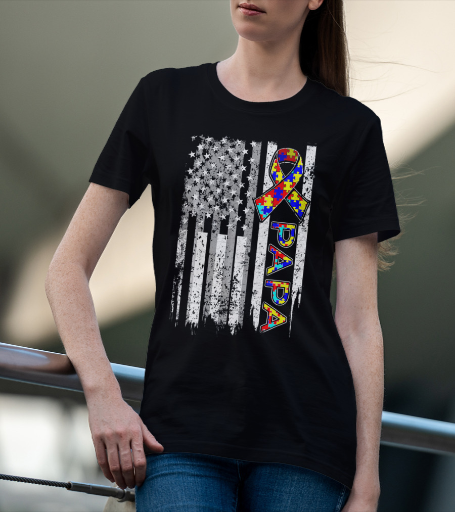 Papa Autism Awareness Puzzle Ribbon American Flag T-Shirt