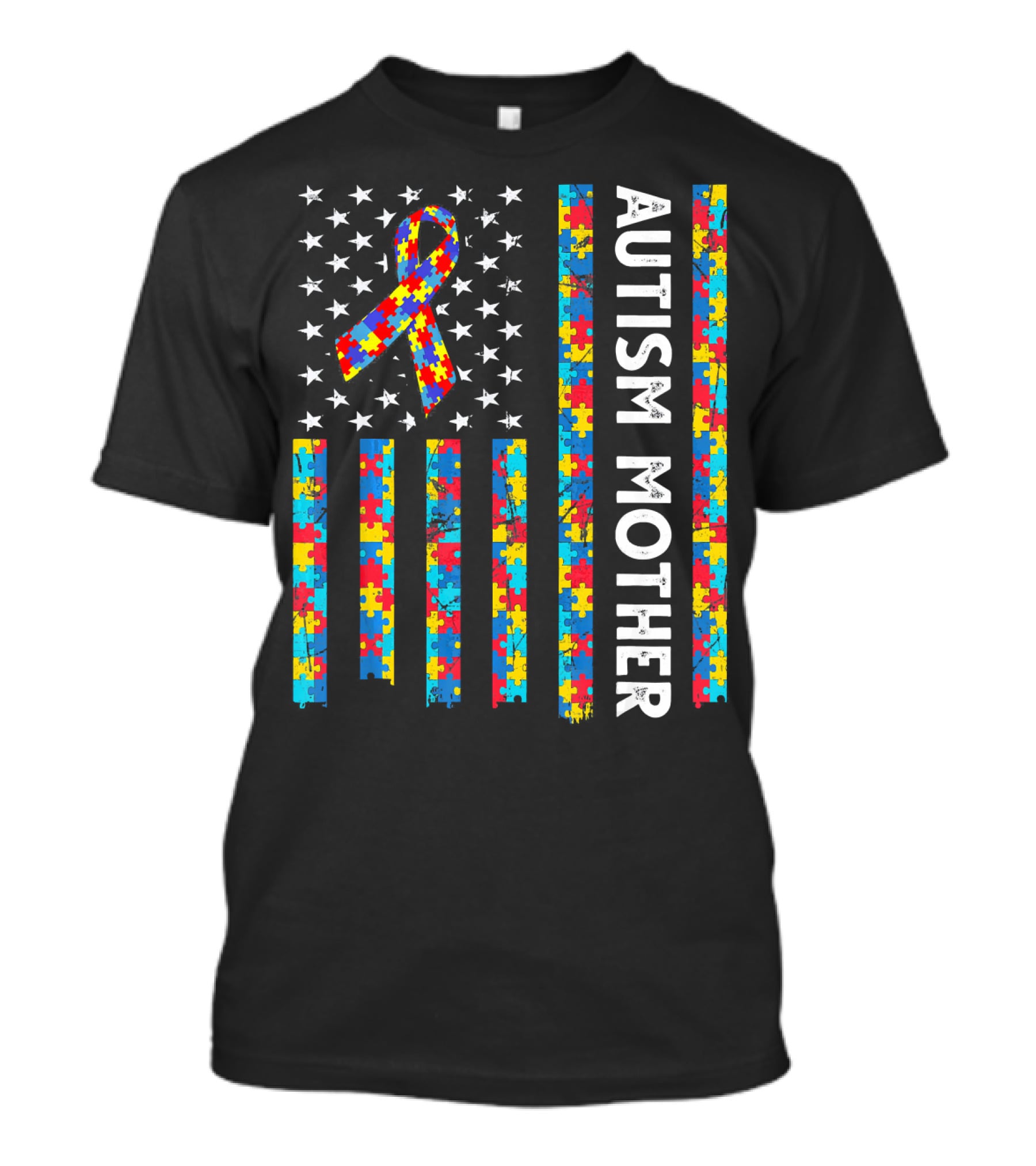 Autism Mother Puzzle Ribbon American Flag Awareness T-Shirt