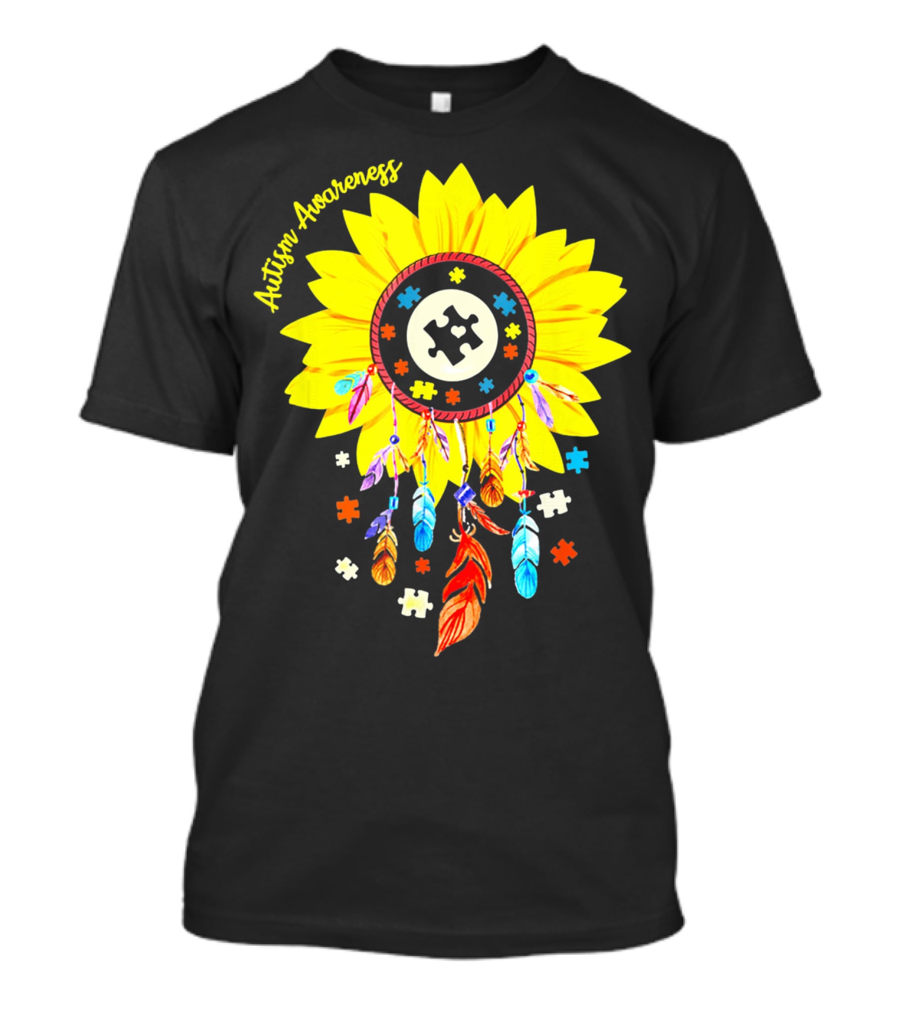 Autism Awareness Dream Catcher Sunflower With Puzzle Pieces T-Shirt