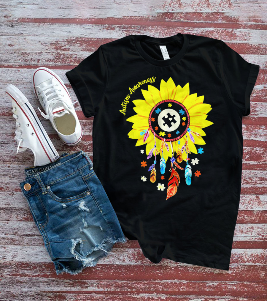 Autism Awareness Dream Catcher Sunflower With Puzzle Pieces T-Shirt