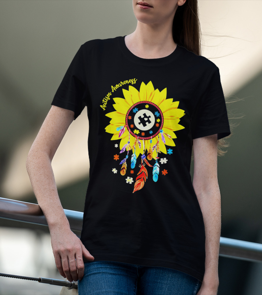 Autism Awareness Dream Catcher Sunflower With Puzzle Pieces T-Shirt
