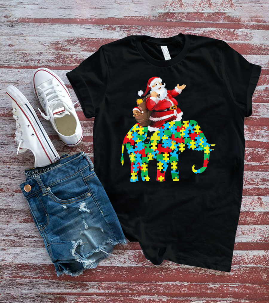 Santa Claus Riding Puzzle Piece Elephant Christmas Autism T-Shirt
