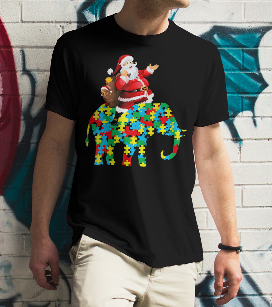 Santa Claus Riding Puzzle Piece Elephant Christmas Autism T-Shirt