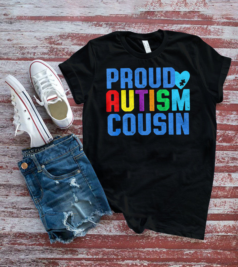 Proud Autism Cousin Family Support Rainbow Puzzle Heart T-Shirt